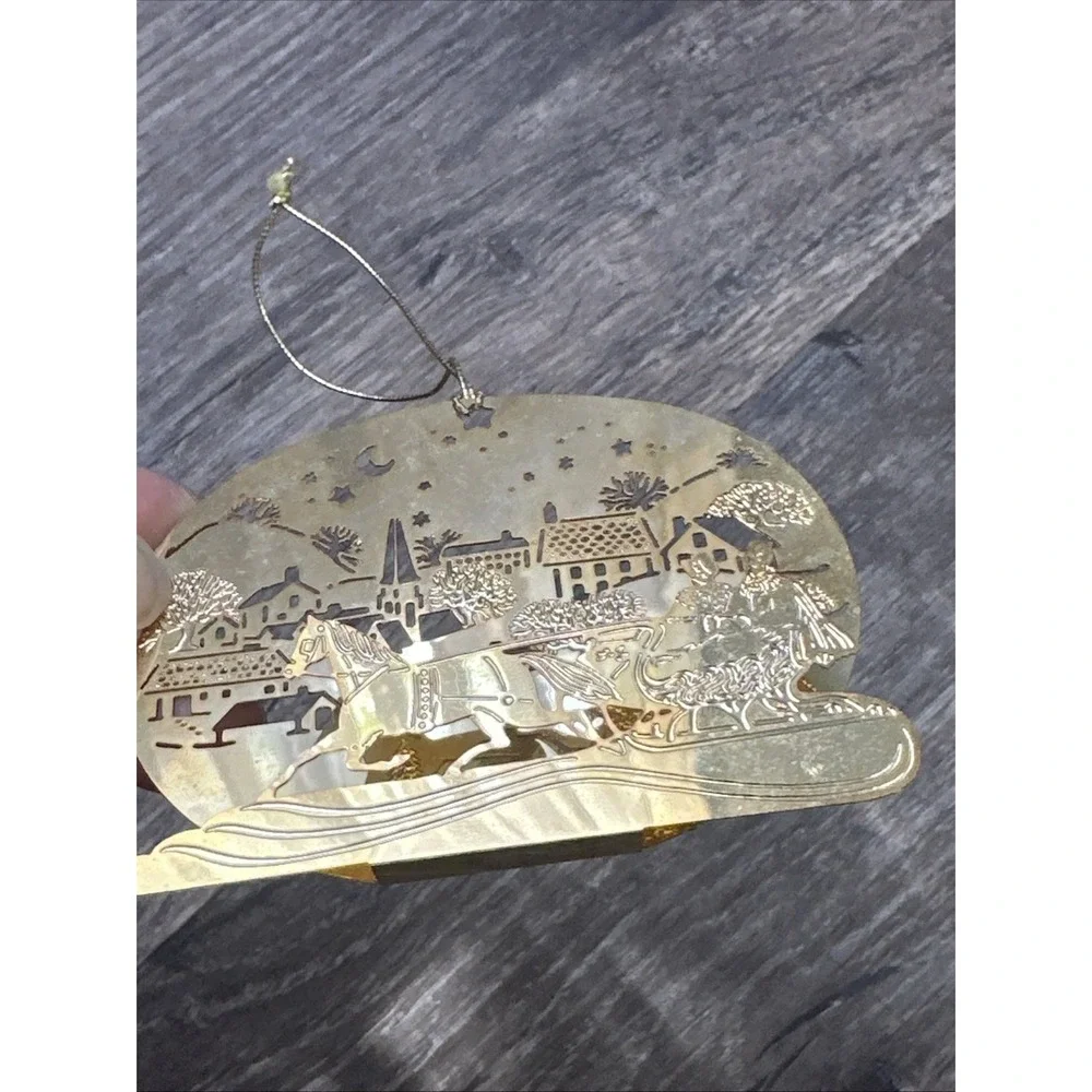 Hallmark 1982 3D Brass Sleigh Ride Gold Tone Christmas Ornament
